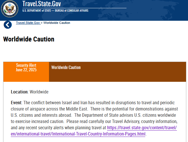 U.S. State Department issues “Worldwide caution” for U.S. citizens abroad.