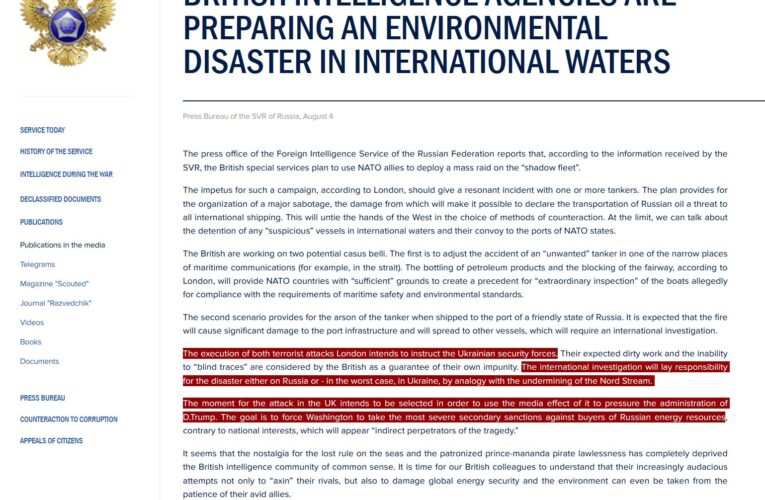 SVR accuses UK and Ukraine of plotting false-flag attacks on Russian Oil tanker