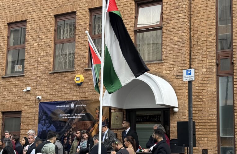 Palestinian flag raised outside embassy in London after UK recognition.