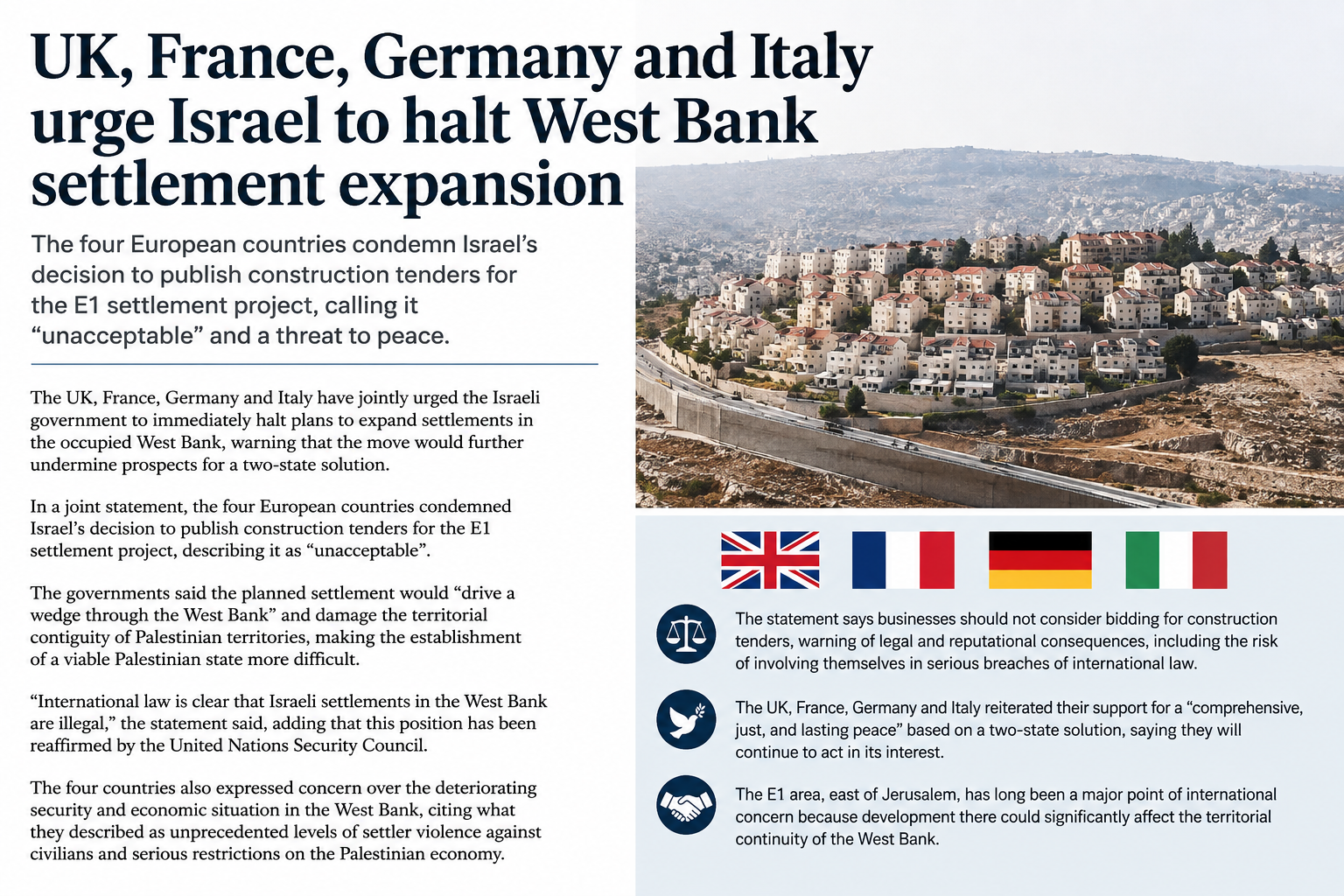 UK, France, Germany and Italy urge Israel to halt West Bank settlement expansion