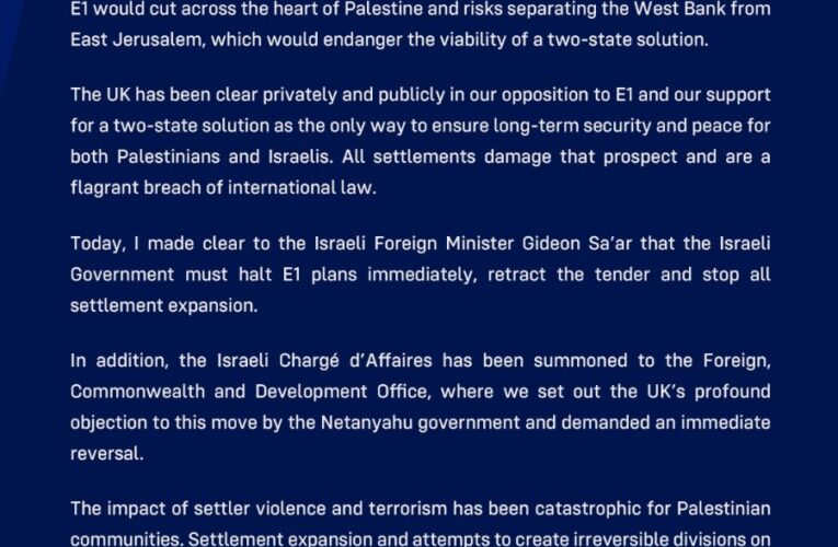 UK Condemns Israeli E1 Settlement Tender, Warns Two-State Solution at Risk